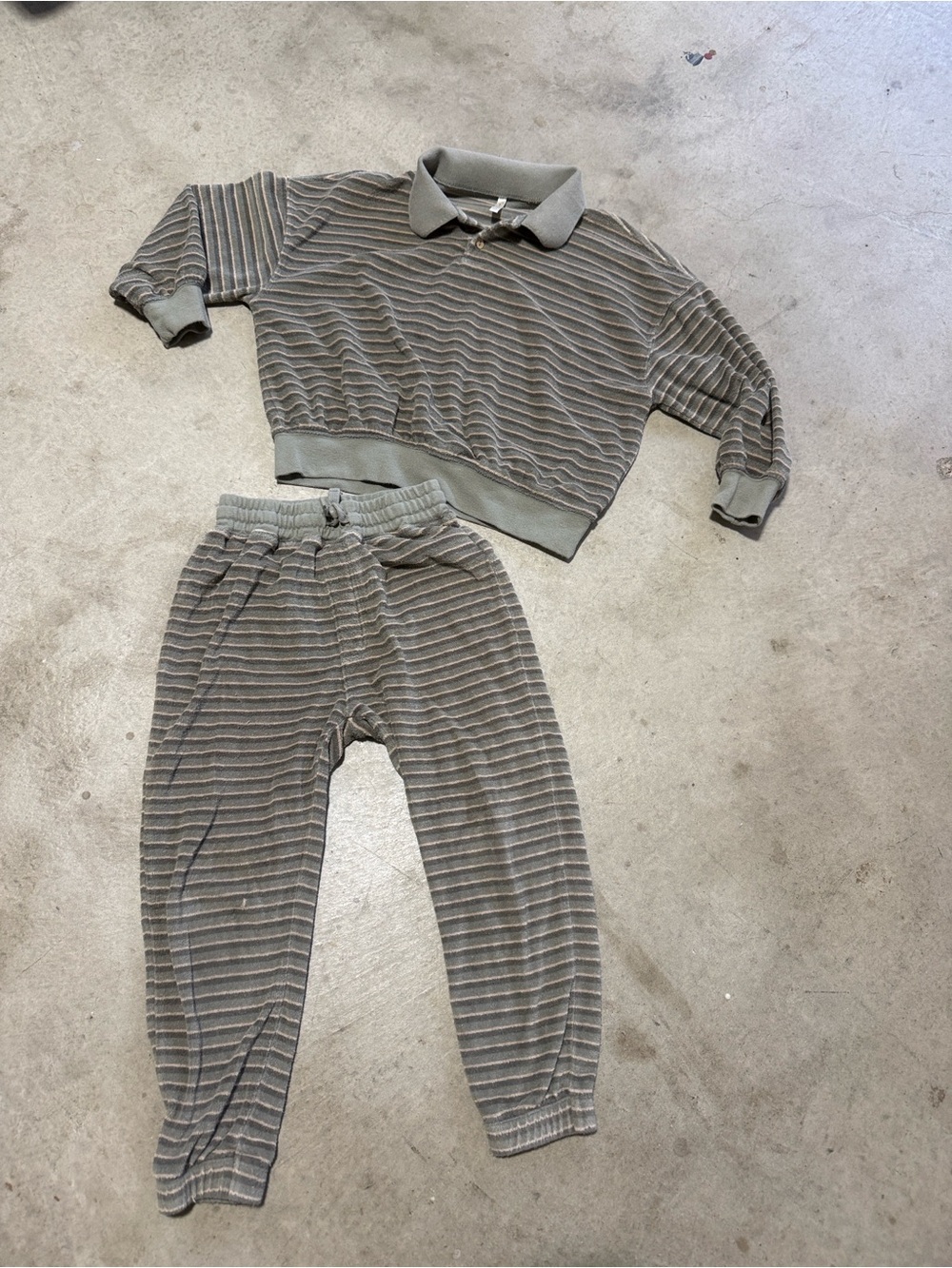 Rylee + Cru Olive Green Retro Striped Kids Matching Jogger Set Sz 6/7